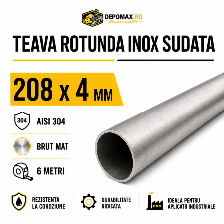 Teava rotunda inox sudata AISI 304, 208 x 4 mm, 6 metri